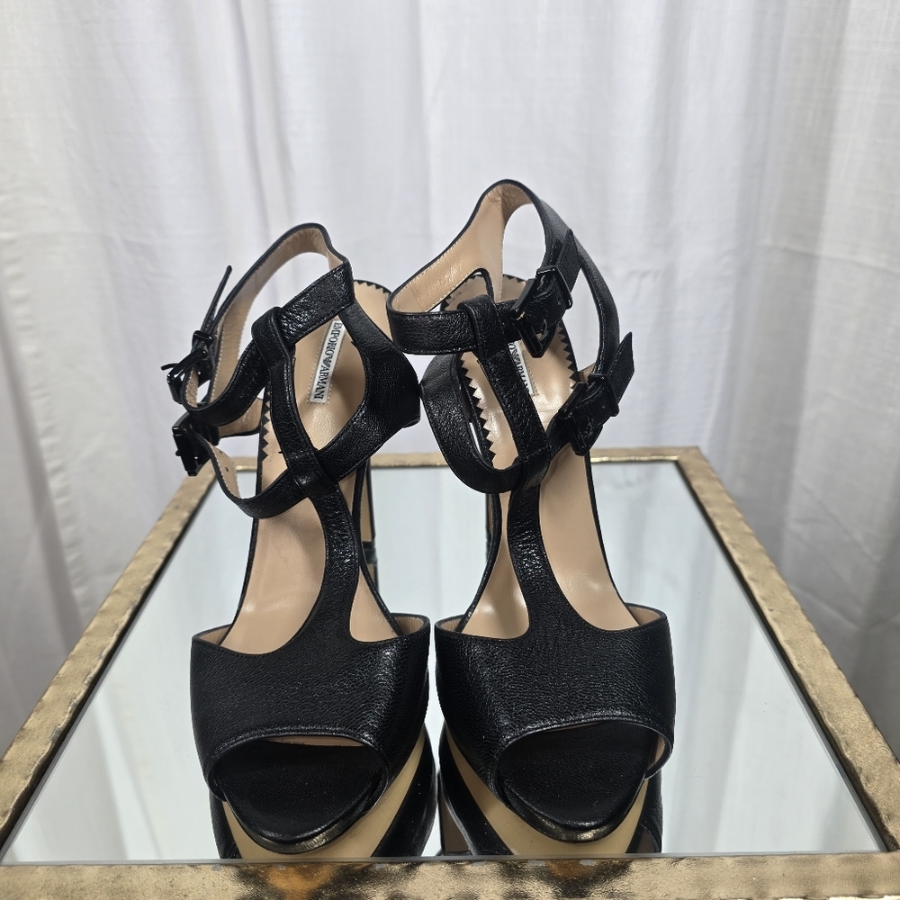 Emporio Armani Black Leather Strappy Heels - Picture 13 of 16